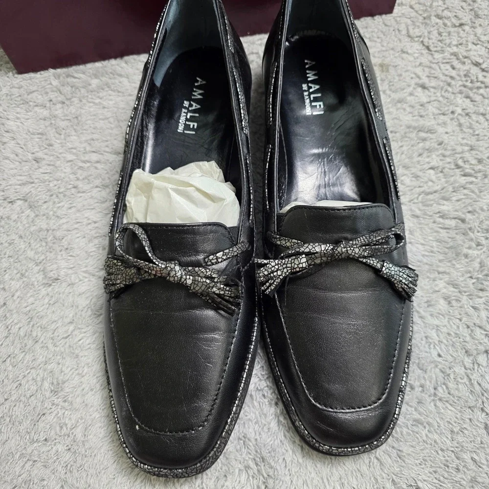 NEW Amalfi Rangoni Emanuela Black Italian‎ Leather Loafers Bow Detail 10M